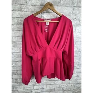 A Calin by Flying Tomato Babydoll Top Peplum Stretch Waist Full Sleeves Pink L‎